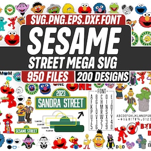 May include: A collection of Sesame Street-themed digital designs. The image features various characters like Elmo, Cookie Monster, and Bert and Ernie, along with the text "SESAME STREET MEGA SVG" and "950 FILES 200 DESIGNS".
