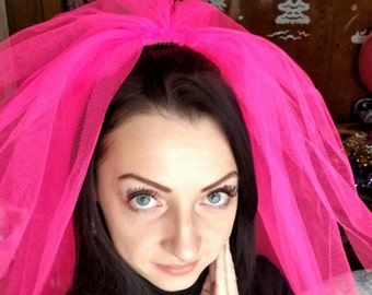 Bachelorette party 3-tier Veil hot pink , long length. Bridal shower veil, bachelorette veil, hen party veil, bride to be veil