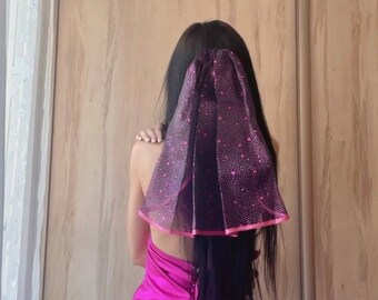 Bachelorette party Veil black with hot pink decoration, short length. Halloween party veil, gothic party,  gothic veil, hens party veil