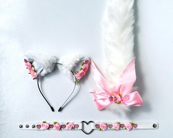 White Pink Cat tail with ears, collar. Realistic cat ears with collar Kawaii cat Anime girl Kitten set for adult Pet play Cat woman costume