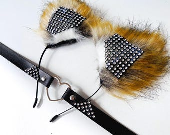 Rudy Cat ears and collar rhinestoned Woman Kitty Ears Pet play collar Pet play ears Kitten Adult cat costume Cat ears headband Photoshoot