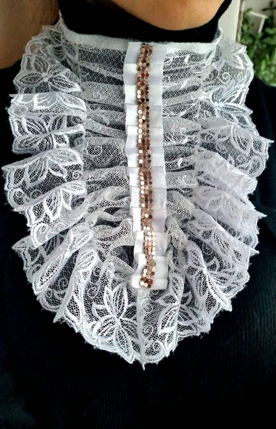 White Ruffle Jabot White Lace Jabot With White Ties. Lace Ruffled Jabot Detachable Collar ...