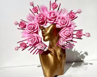 Pink roses Halo crown, Flowers Halo Headband, Doll Halo, Goddess Crown Halo Crown Tiara, Bridal headpiece, Wedding boho crown, Fairy crown
