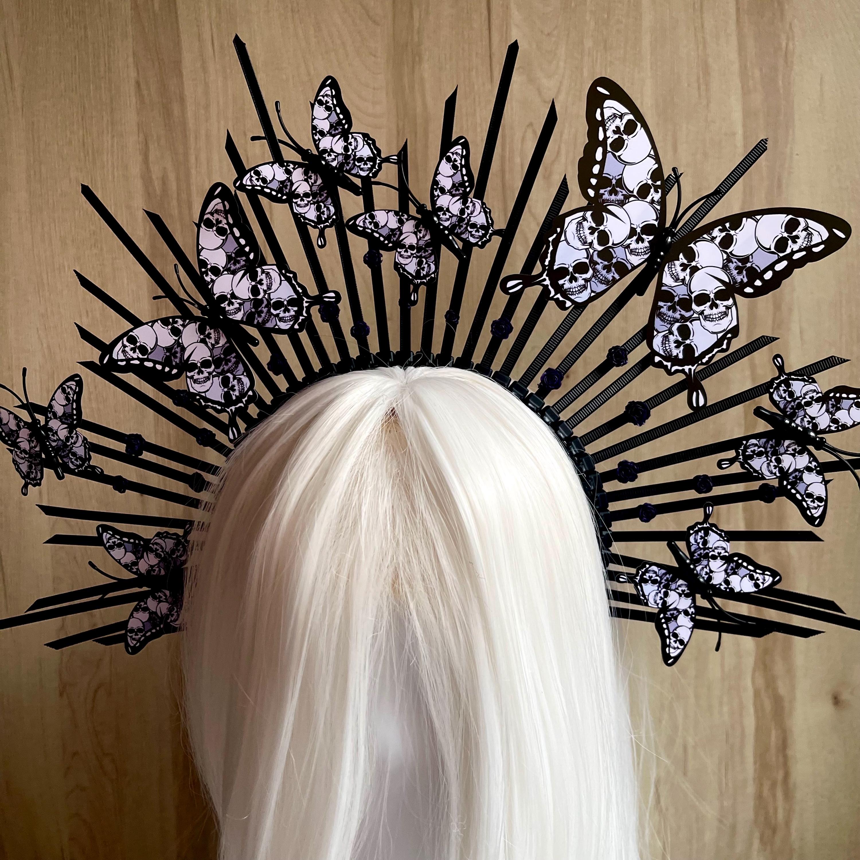 Halloween Halo Crown. Black butterflies and skulls halo headband Black Halo Crown. Halloween skulls headband. Queen black crown Witch crown
