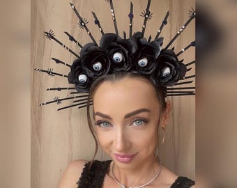 Halloween Gothic roses Halo Crown Black roses with eyes Spider halo headband Black Halo Crown Vampire headband Queen black crown Witch crown
