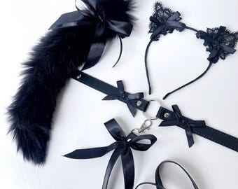 Black cat tail. Woman Cat ears. Cat tail and ears. Kitten collar with leash for Pet play Tail kitten costume Woman cat costume Kitty cosplay