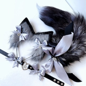 Cat tail with ears and collar. Realistic cat ears with collar Kawaii cat Anime girl Kitten set for adult Pet play Cat woman costume