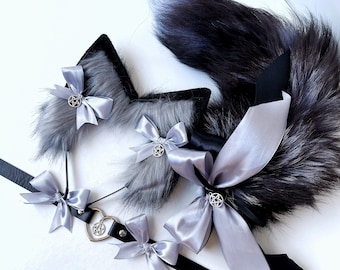 Cat tail with ears and collar. Realistic cat ears with collar Kawaii cat Anime girl Kitten set for adult Pet play Cat woman costume