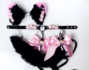 Cat tail plug. Black pink cat tail and ears. Cat tail plug and ears. Kitten collar. Sexy kitty costume. Cat butt anal plug tail. Pet play.