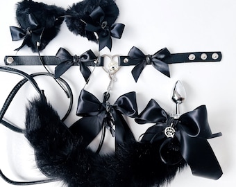 Black cat tail plug. Cat tail plug and ears. Kitten collar with leash for Pet play. Tail anal. Tail butt plug. Sexy kitty costume. DDLG