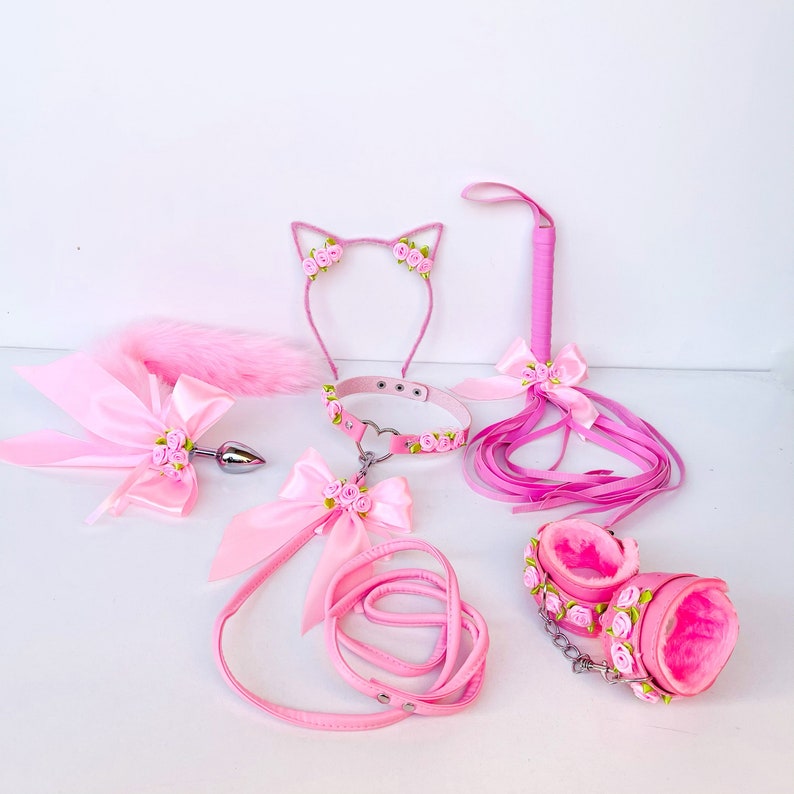 Pink buttplug kitten tail set for pet play. Plug tail. Bdsm Kitten Bdsm Pet Roleplay. Fox Anal Tail, Cat Ears, Collar, Whip, Handcuffs. DDLG image 2