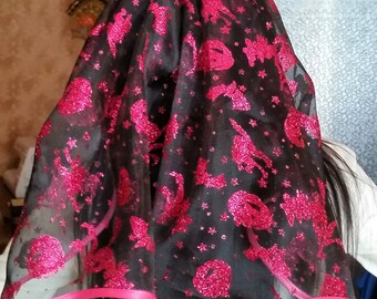 Halloween partij sluier zwart met hete roze decoratie, halloween kostuum. Bachelorette partij sluier, gotische party, gotische sluier, kip partij sluier