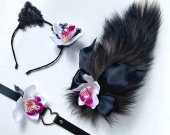 Cat tail with ears and collar with orchid. Lace cat ears with collar Kawaii cat Anime girl Kitten set for adult Pet play Cat woman costume