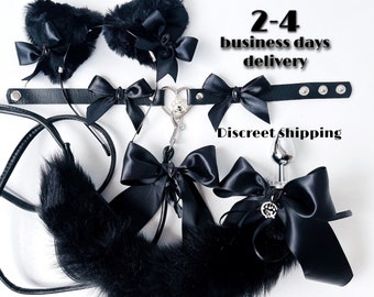 Black cat tail plug. Cat tail plug and ears. Kitten collar with leash for Pet play. Tail anal. Tail butt plug. Sexy kitty costume. DDLG