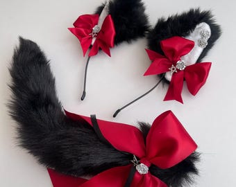 Black Cat tail with ears Realistic black cat ears with red Kawaii cat Anime girl Kitten set for adult Pet play Cat woman costume