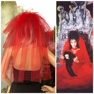 Halloween party Veil 3-tier red, Halloween costume idea. Lydia Deetz halloween costume veil. Bachelorette veil, long length. Halloween night