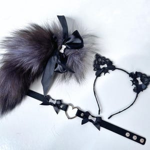 Cat tail with ears and collar. Lace cat ears with collar Kawaii cat Anime girl Kitten set for adult Pet play Cat woman costume