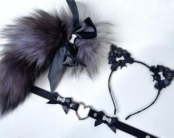 Cat tail with ears and collar. Lace cat ears with collar Kawaii cat Anime girl Kitten set for adult Pet play Cat woman costume