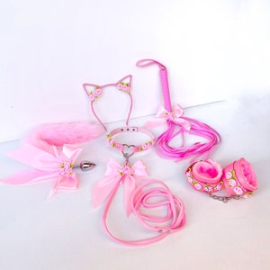 Pink buttplug kitten tail set for pet play. Plug tail. Bdsm Kitten Bdsm Pet Roleplay. Fox Anal Tail, Cat Ears, Collar, Whip, Handcuffs. DDLG image 6