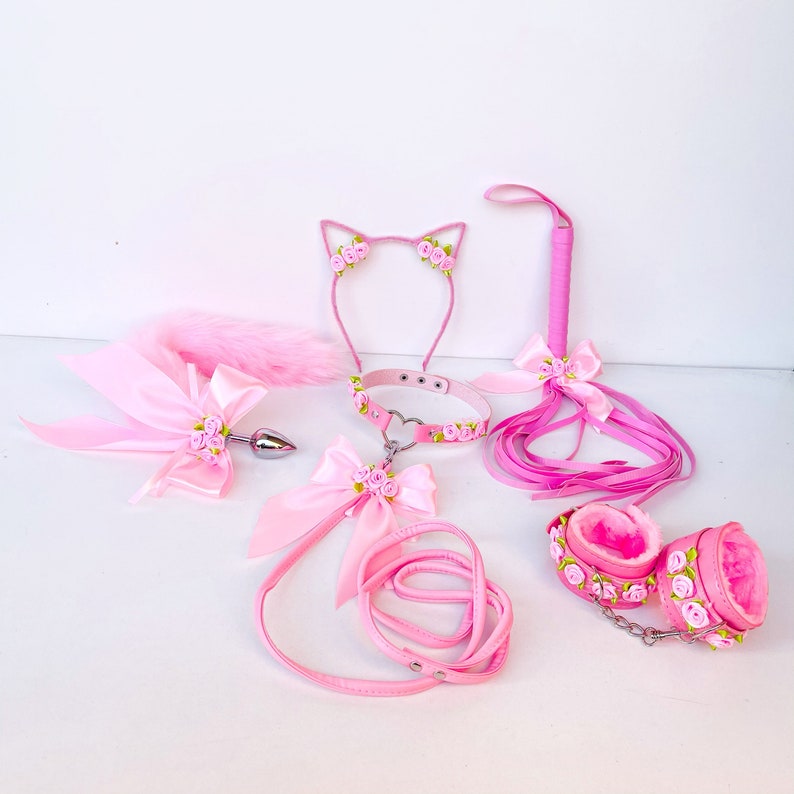 Pink buttplug kitten tail set for pet play. Plug tail. Bdsm Kitten Bdsm Pet Roleplay. Fox Anal Tail, Cat Ears, Collar, Whip, Handcuffs. DDLG image 4