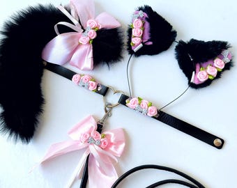 Black cat tail. Woman Cat ears. Cat tail and ears. Kitten collar with leash for Pet play Tail kitten costume Woman cat costume Kitty cosplay
