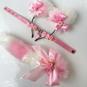 White Pink Cat tail with ears, collar. Realistic cat ears with collar Kawaii cat Anime girl Kitten set for adult Pet play Cat woman costume
