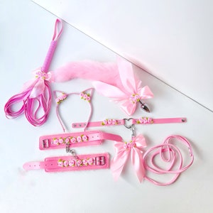 Pink buttplug kitten tail set for pet play. Plug tail. Bdsm Kitten Bdsm Pet Roleplay. Fox Anal Tail, Cat Ears, Collar, Whip, Handcuffs. DDLG image 5