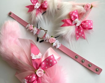 Pink Cat tail with ears and collar. Realistic cat ears with collar Kawaii cat Anime girl Kitten set for adult Pet play Cat woman costume