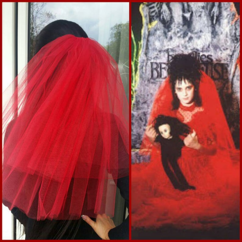 Lydia Deetz Halloween costume veil Halloween party Veil 2-tier red long length Bachelorette veil Halloween night Halloween costume idea
