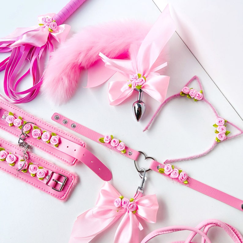 Pink buttplug kitten tail set for pet play. Plug tail. Bdsm Kitten Bdsm Pet Roleplay. Fox Anal Tail, Cat Ears, Collar, Whip, Handcuffs. DDLG image 1