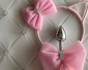 Pink cat tail plug and ears. Cat tail plug. Buttplug. Sexy kitty costume. Cat tail plug and ears for pet play. Butt plug tail. DDLG kitten