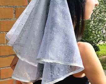 Bachelorette party Veil 2-tier, white with silver ornaments, silver trim,sparkling, long length. Bride veil, wedding veil, hens party veil