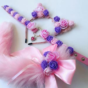 Cat tail with ears and collar pink purple Flower cat ears with collar Kawaii cat Anime girl Kitten set for adult Pet play Cat woman costume