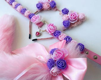 Cat tail with ears and collar pink purple Flower cat ears with collar Kawaii cat Anime girl Kitten set for adult Pet play Cat woman costume