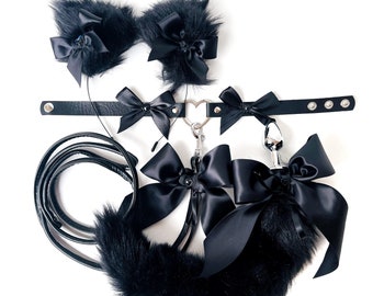 Black cat tail plug. Cat tail plug and ears. Kitten collar with leash for Pet play. Tail anal. Tail butt plug. Sexy kitty costume. DDLG