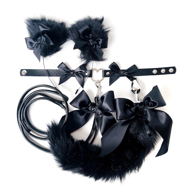 Black cat tail plug. Cat tail plug and ears. Kitten collar with leash for Pet play. Tail anal. Tail butt plug. Sexy kitty costume. DDLG