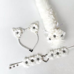 White Cat tail with ears and collar. Realistic cat ears with collar Kawaii cat Anime girl Kitten set for adult Pet play Cat woman costume