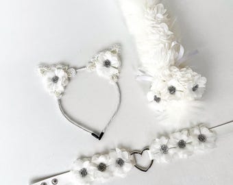 White Cat tail with ears and collar. Realistic cat ears with collar Kawaii cat Anime girl Kitten set for adult Pet play Cat woman costume