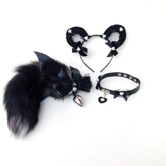 Sexy Black Kitty Set Crown Edition. Bdsm Sexy Kitty Costume. Faux Fox Anal  Tail With Bow, Collar and Cat Ears. Ddlg. Butt Anal Plug Pet Play