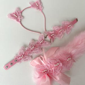 Pink Butterfly Cat tail with ears and collar. Cat ears with collar Kawaii cat Anime girl Kitten set for adult Pet play Cat woman costume