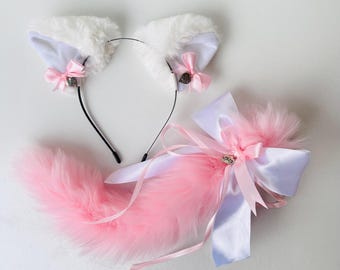 White Pink Cat tail with ears. Kitten Realistic cat ears with collar Kawaii cat Anime girl Kitten set for adult Pet play Cat woman costume