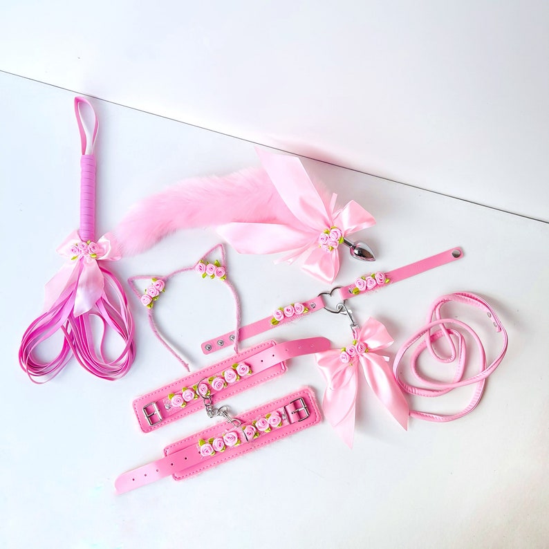 Pink buttplug kitten tail set for pet play. Plug tail. Bdsm Kitten Bdsm Pet Roleplay. Fox Anal Tail, Cat Ears, Collar, Whip, Handcuffs. DDLG image 3