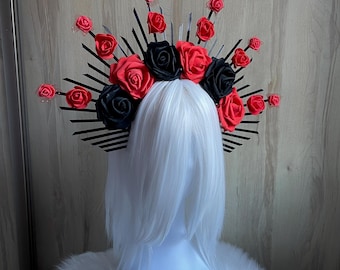 Halloween roses headband Halo crown Flower Halo Crown Red Black roses Halo crown Halo Headband Flower Headband Goddess Crown Met gala crown