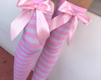 Pink bow girl stockings. Romantic pink stockings with bow. Adult game lingerie. Princess lingerie Beautiful lingerie Kitty Lolita