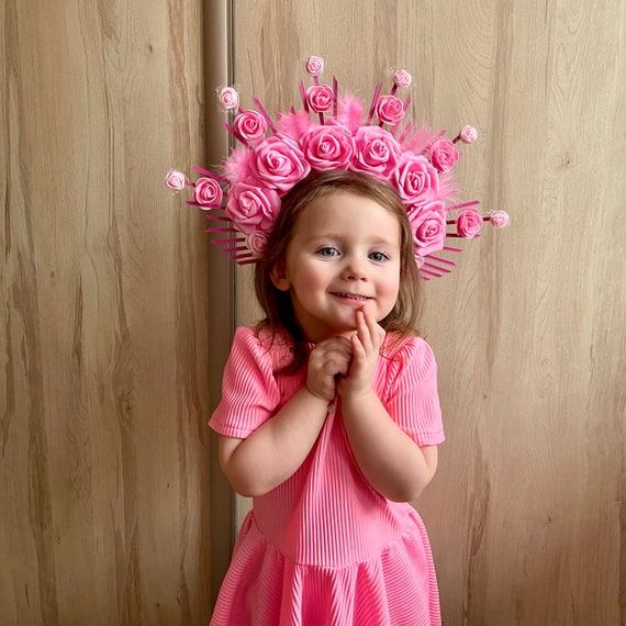 Corona Di Compleanno Per Bambina 6 Anni - Tiara Principessa Con Fiori Rosa, Copricapo Decorativo - Foto 9