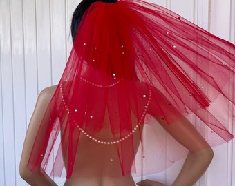 Red veil for bachelorette handcrafted with rhinestones Sparkling Bride to be bachelorette veil Wedding red veil Hen party 2-tier simple veil