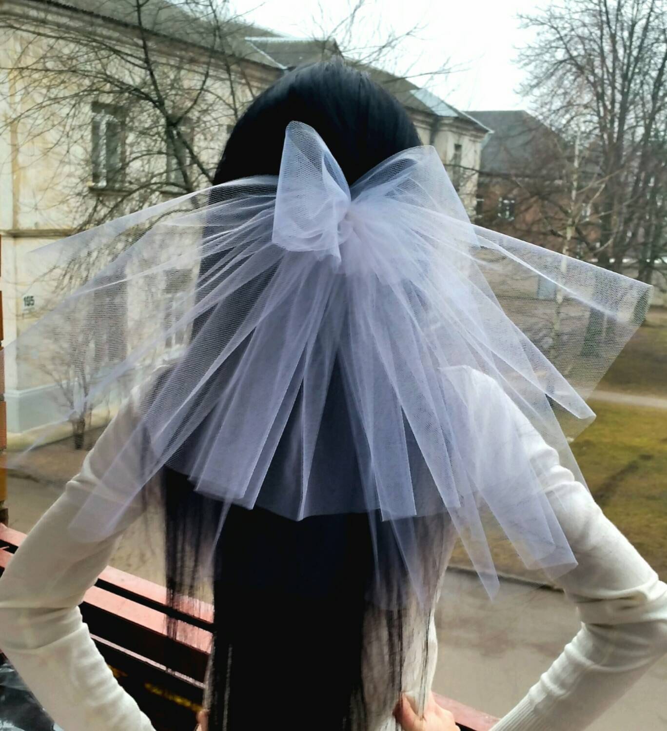 Short Wedding Veil with Slim Silk Bow Short Wedding Veil Bow - Etsy main image 2