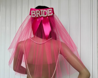 Hot pink Bride to be veil with text BRIDE for Bachelorette party Wedding veil bridal headpiece Bach accessories Glamour veil HUGE ASSORTMENT