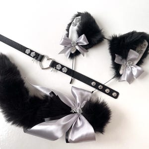 Black Cat tail with ears and collar. Realistic cat ears with collar Kawaii cat Anime girl Kitten set for adult Pet play Cat woman costume