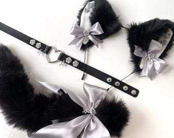 Black Cat tail with ears and collar. Realistic cat ears with collar Kawaii cat Anime girl Kitten set for adult Pet play Cat woman costume